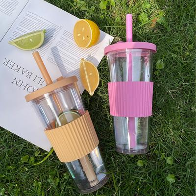 Large Capacity Double-Layer Plastic Cup Large Hole Straw Pearl Boba Milk Tea Cup With Waist Cover Portable Straw Water Cup