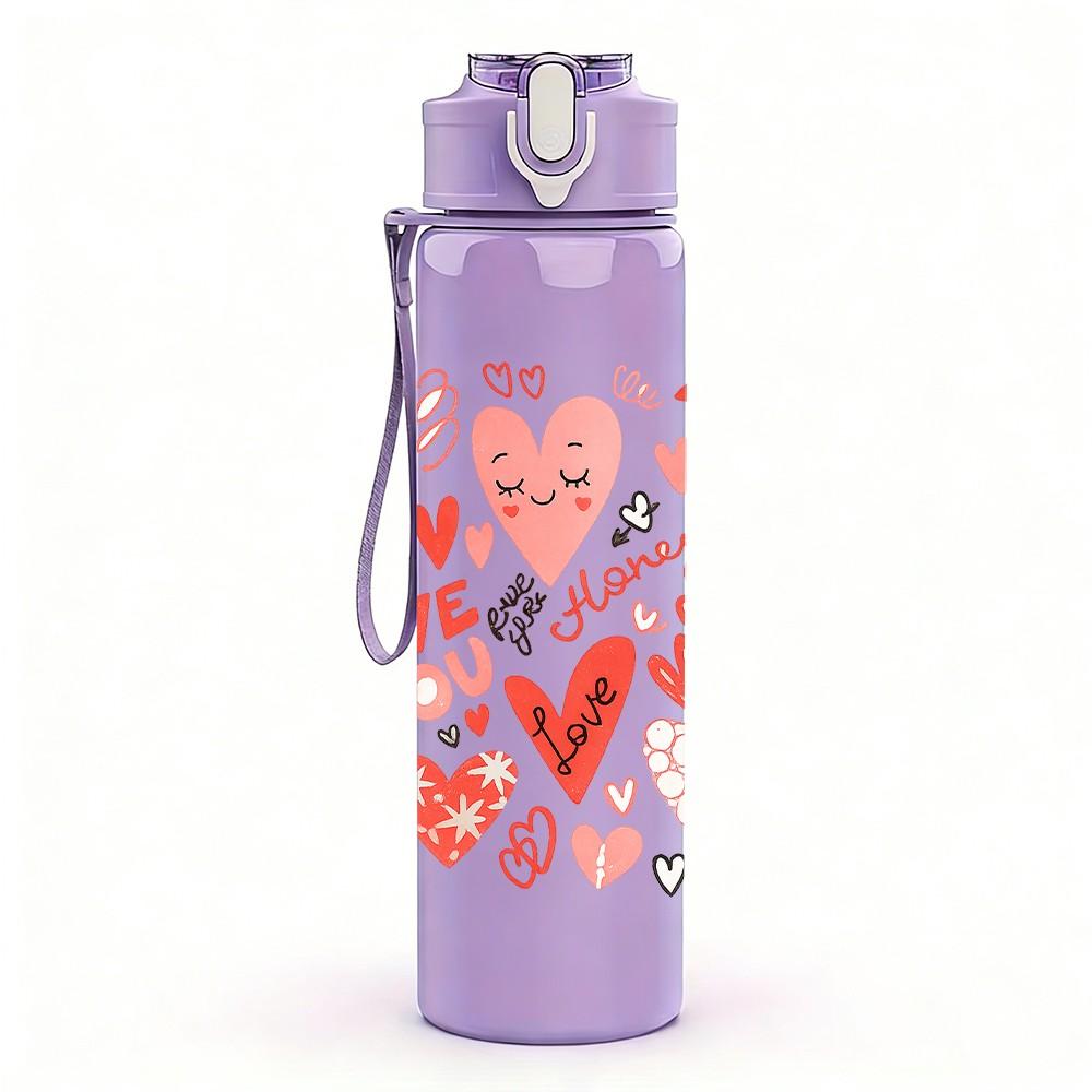 1PC Mixed Red Heart Love Pattern Print 750ml Color Plastic Sports Water Bottle Leakproof Flip Straw Lid Suitable for Sports Office Home Use