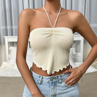 Γυναικείο Καλοκαιρινό Σέξι Χάλτερ Μονόχρωμο Βολάν Ακανόνιστο Ακάλυπτο Μέσο Βεστάκι Κοντό Τοπ