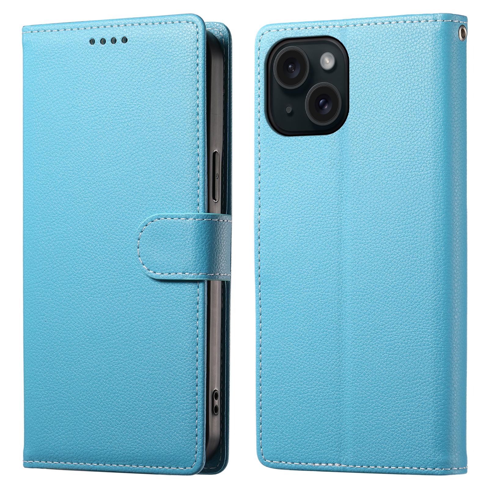 

DF-012 For iPhone 15 Case Litchi Texture Leather Magnetic Clasp Wallet Stand Phone Cover Sky Blue