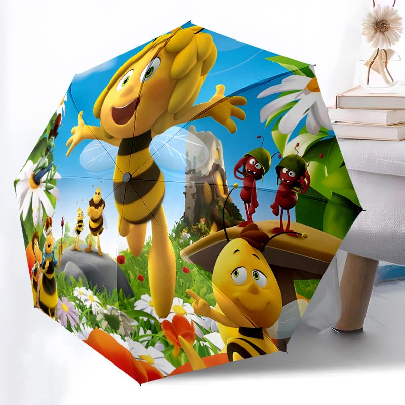 Maya the Bee Print Automatic Umbrella, 8 Rib Iron Frame, Plastic Handle, Suitable for Outdoor Travel &Daily , Ideal Gift