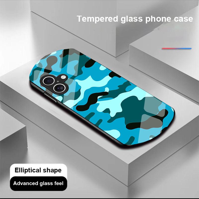 Camouflage Blue For Apple IPhone 16 11 13 15 14 Pro Max 12 Mini 7 8 Plus XR X XS Elliptical Shaped Tempered Glass Phone Case