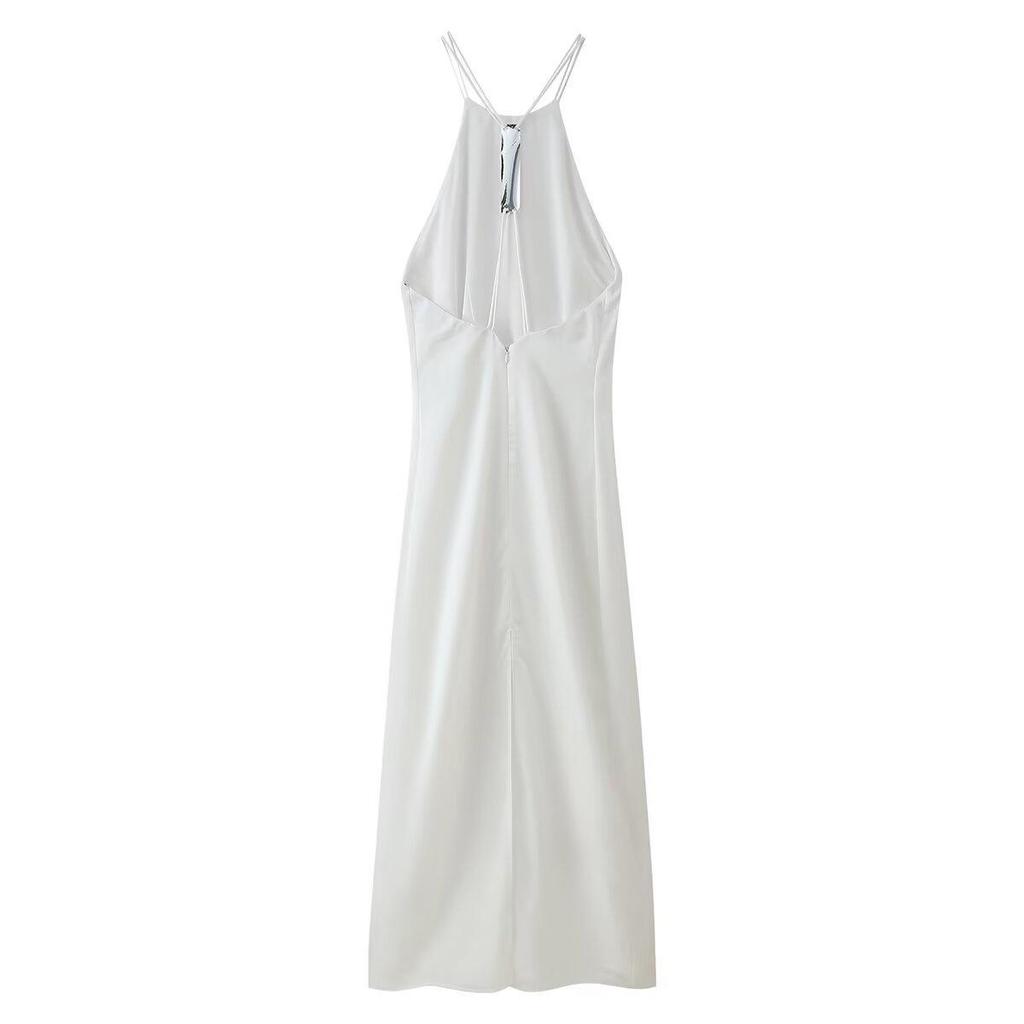 Spring 2025 Women's European & American Style Satin Slip Dress with Slimming Back Detail