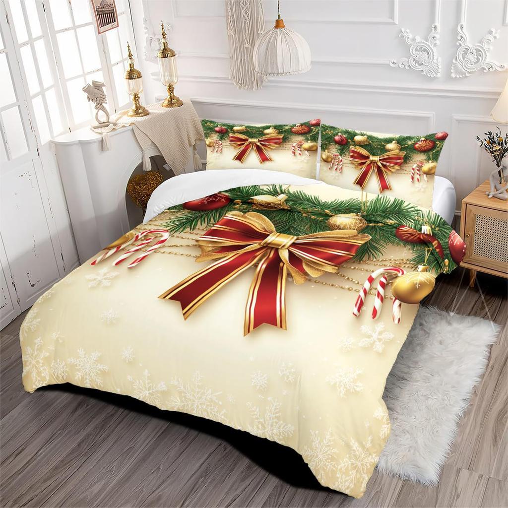 Christmas Element Bow Bell Three-Piece Quilt Cover 3D Digital Printing Bedding Set Bed Cover