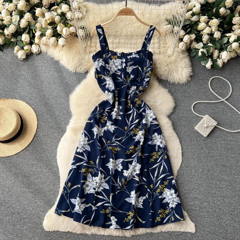 Holiday Style Print Suspender Skirt Women's Summer New Waist and Thin French Chiffon Floral Dress