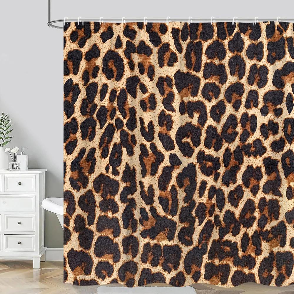 

Leopard Textured Shower Curtain, Vintage Striped Brown Floral Creative Geometric Modern Plants Polyester Bathroom Decor Curtain W60H190(CM)-1 Pcs