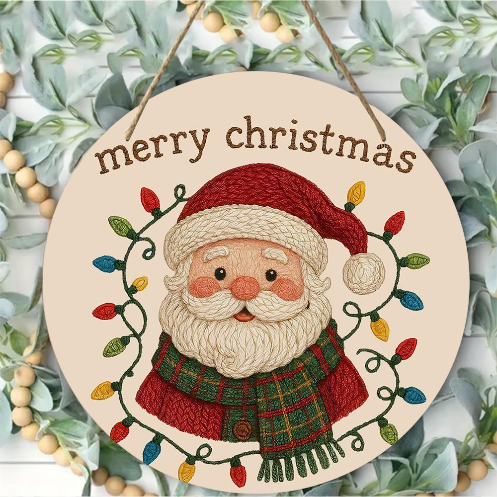 Vintage Santa Claus Print Round Wooden Hanging Plaque Natural Solid Wood Texture Wall Decor Door Sign Christmas Festive Home Gift Ornament