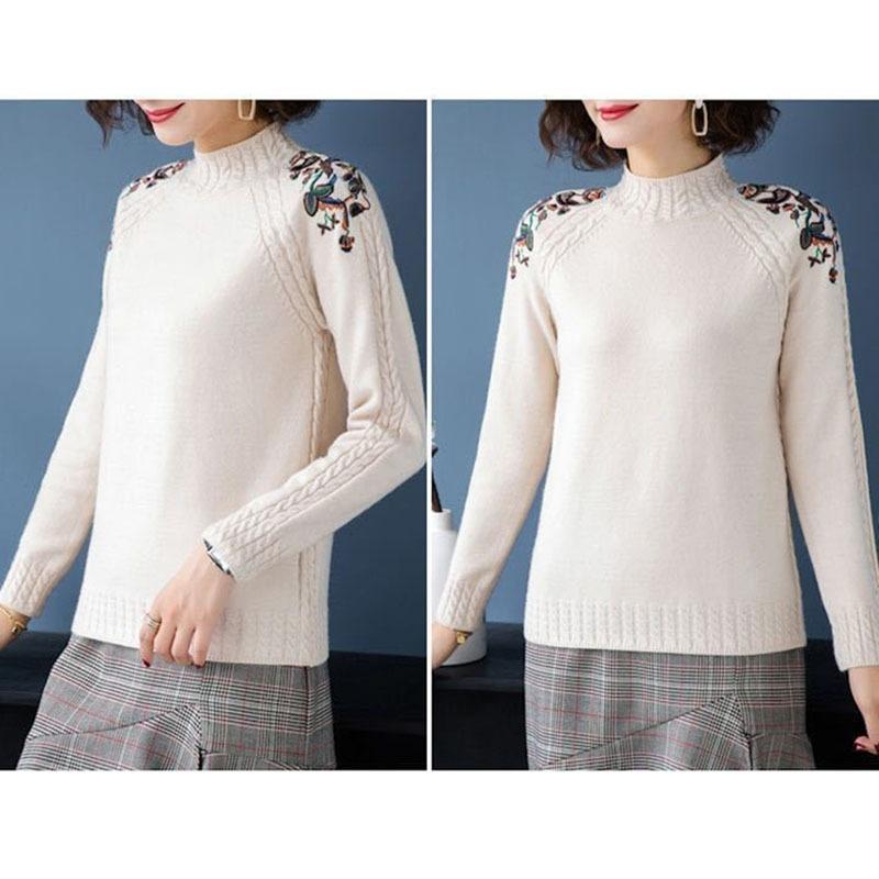 Bestickte Blumen Halber Stehkragen Pullover Damen Herbst Winter Dick Warm Gestrickter Pullover Slim Gerippt Weiche Oberteile