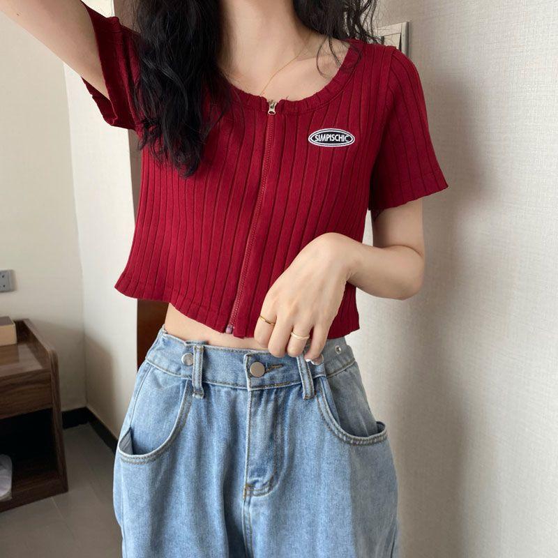 Black Short Sleeved Slim Knit Sweater Paired with Cardigan for Women In Summer White Short Tight Fitting Exposed Navel Thin Top