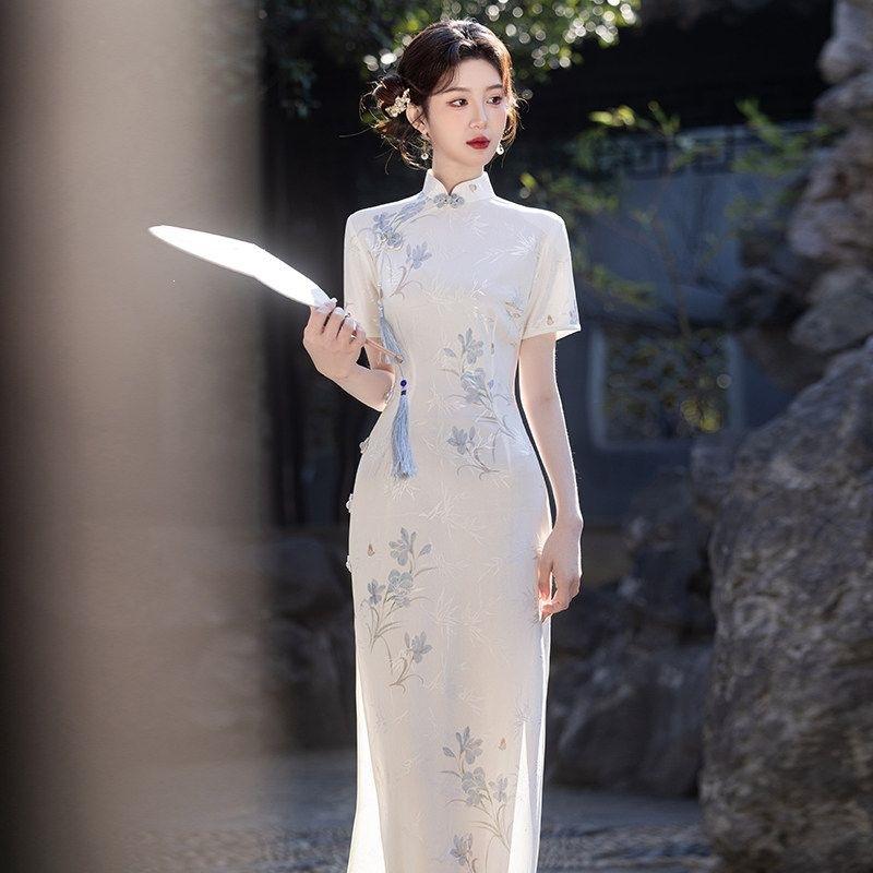 White cheongsam, new women's summer new Chinese-style improved young dress, daily wear, plain and elegant magnolia polyester