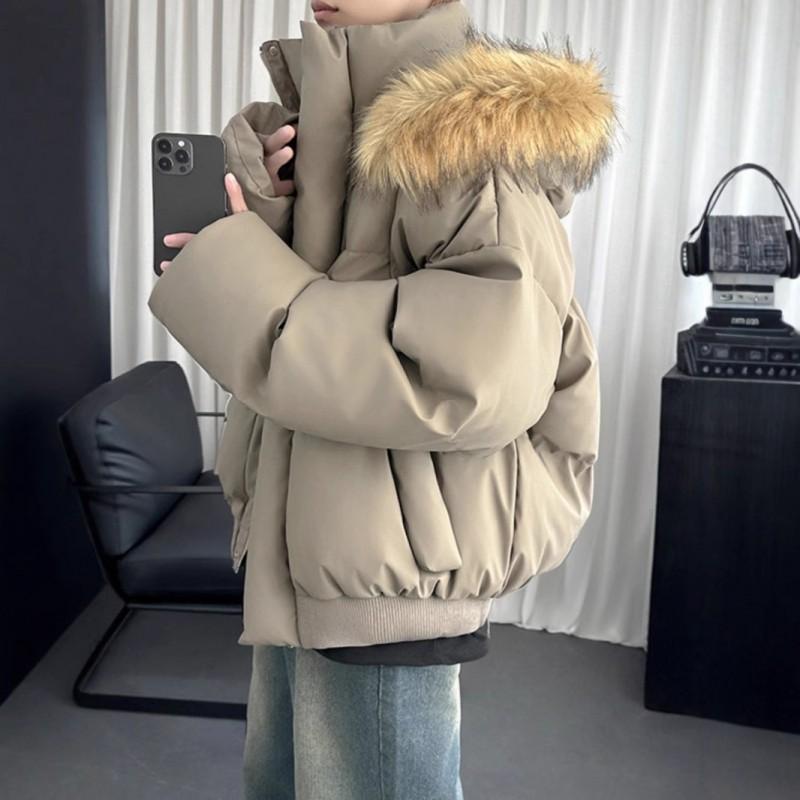 Short Puffer Parka With Faux Fur Trim Unisex Winter Thick Hooded Cotton Coat Solid Color Casual Warm Outerwear