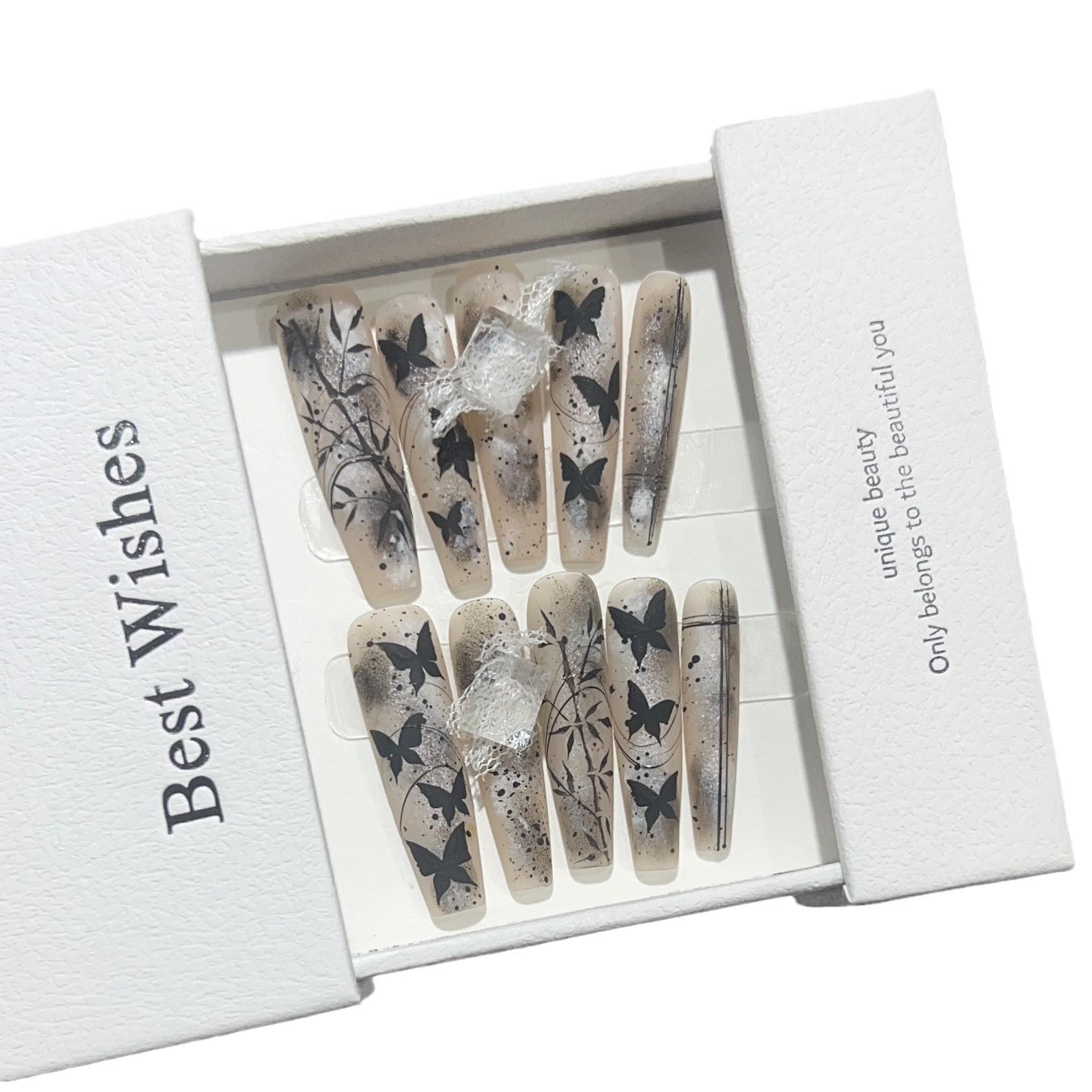 

Чисто Плетёная Вручную Броня Ручной Работы Чёрный Бамбуковый Лес Лук Атмосфера Матовый Искусственный Ноготь Снимаемые Ногти Large L