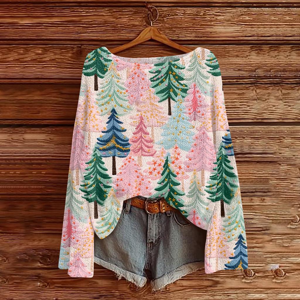 Ladies' Fashionable Casual Long Sleeved Christmas Printed Round Neck Knitted Yarn