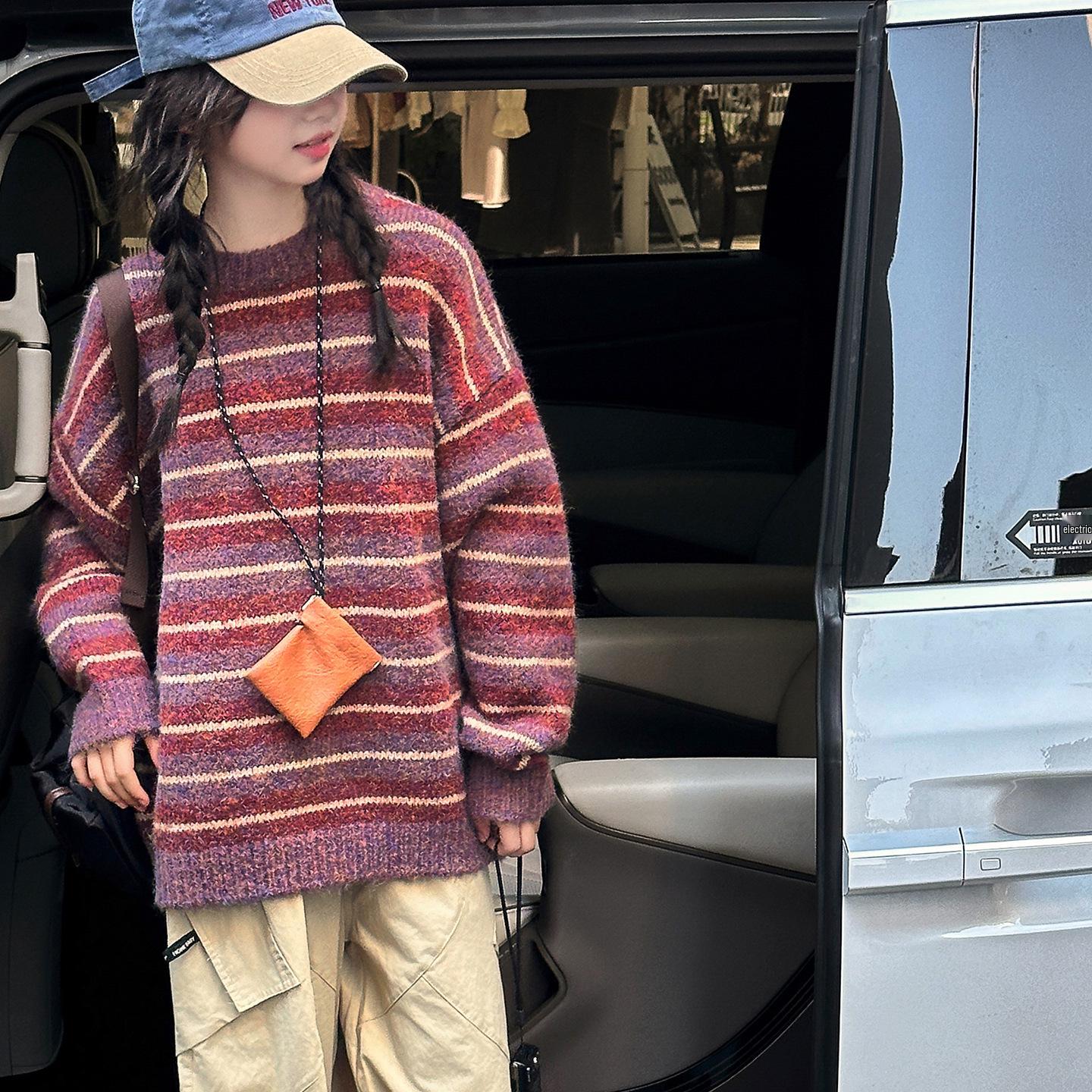 

Вязаный свитер с длинным рукавом и круглым вырезом в полоску для девочек - Повседневная крупная вязка для осени/зимы 2025 140 cm