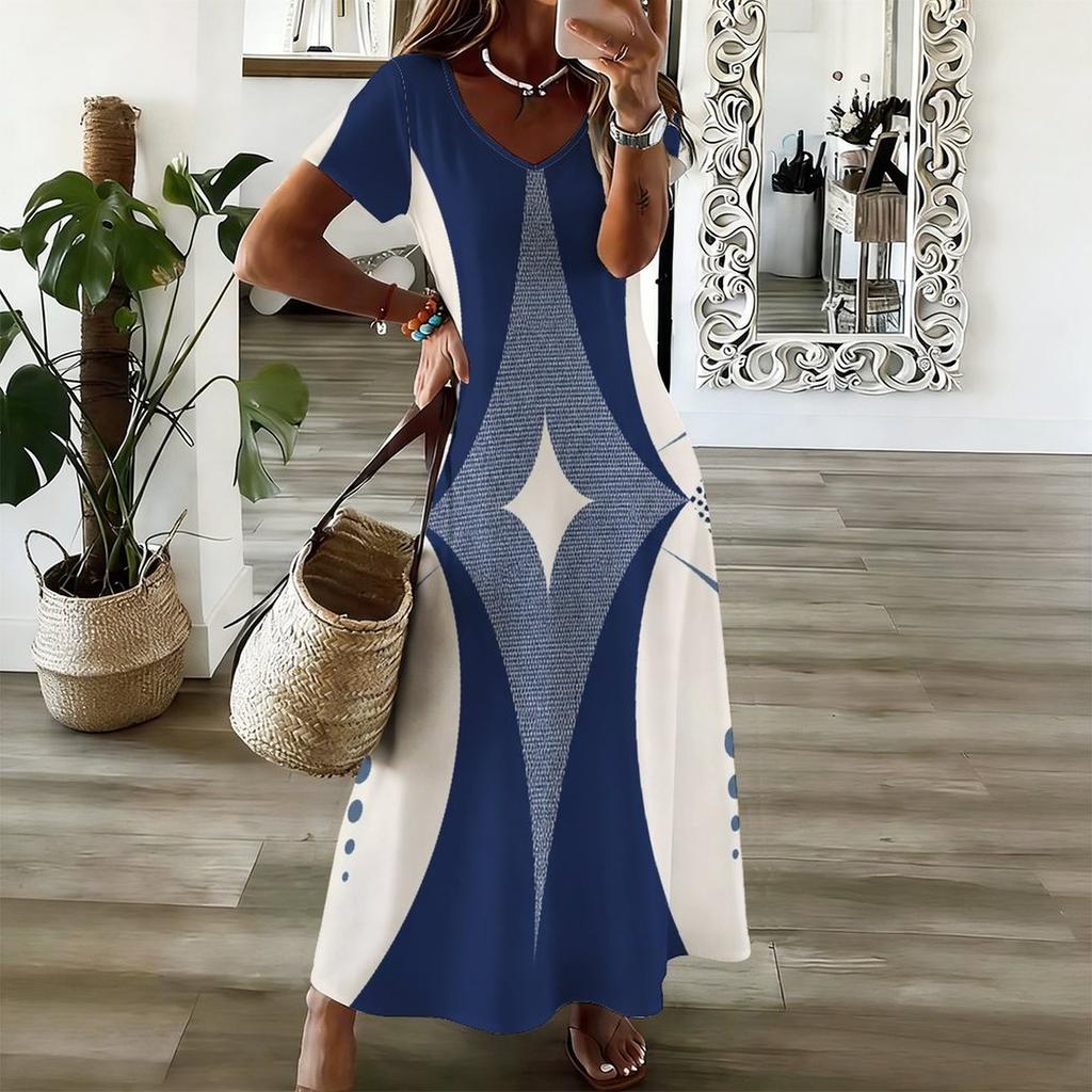 Women Plus Size V Neck Short Sleeve Printed White Straight Maxi Dress