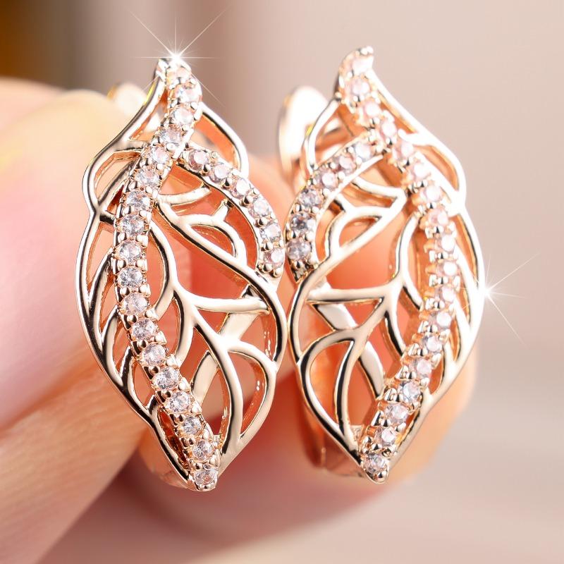 Vintage Zircon Hollow Leaf Earrings for Women Gold Color Wedding Party Jewelry