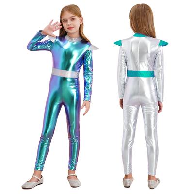 Kids Alien Cosplay Costume Long Sleeve Shiny Metallic Bodysuit Alien Role Play Jumpsuit Halloween Party Dress Up