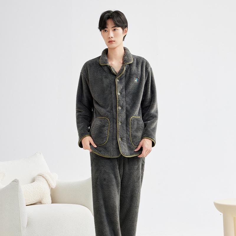 

Men s Thick Coral Fleece Winter Pajamas - Warm, Solid Color, Lapel Style Homewear L
