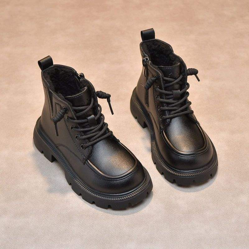 Girls Martin Girls Fleece Boots Autumn and Winter New Foreign Style Girls Single Boots Soft Sole Fleece Short Boots Boys Leather Boots
