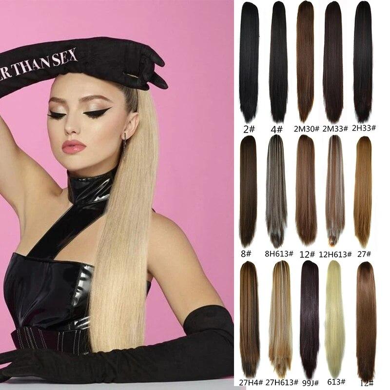 Synthetische Pferdeschwanz-Haarverlängerungen, lange, gerade Klaue, Clip-in/on-Pferdeschwanz für Frauen, tägliche Party, 55,9 cm, hitzebeständiges Kunsthaar