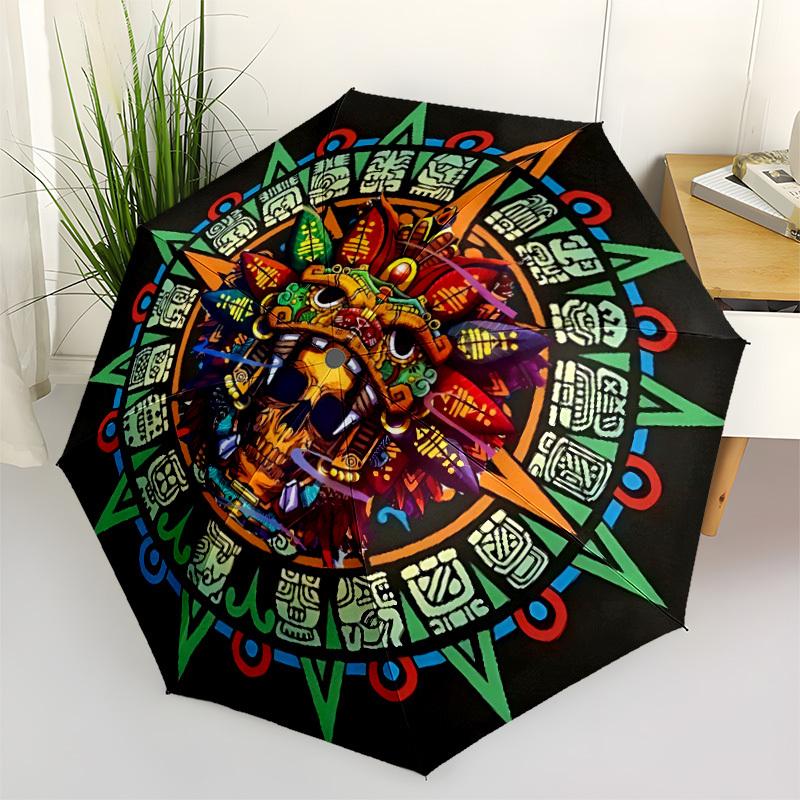 1pc Mayan Calendar Skull Automatic Open/close Umbrella, 8-Rib Sturdy Structure, Portable Travel Umbrella, Parties, Everyday Use, Outdoor Acc