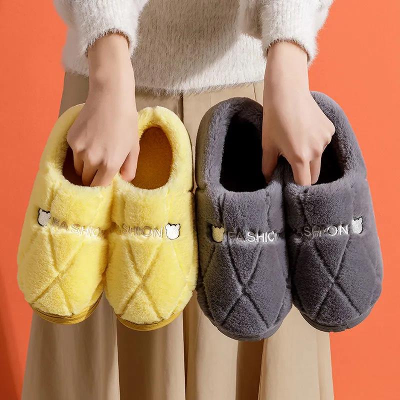 Order A Size Up Home Slippers Thick-soled Cartoon Male Cotton Slippers Female Indoor Cute Plush Couple Cotton Slippers