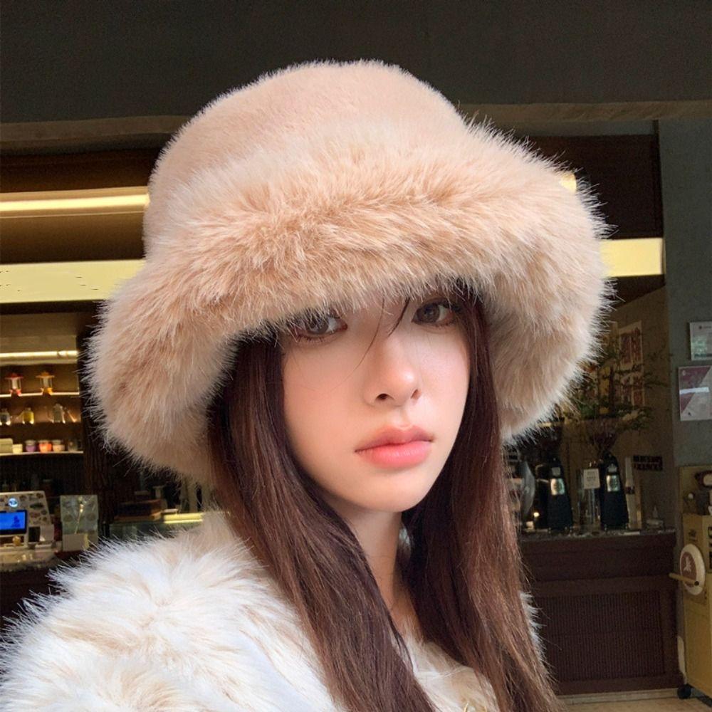 Solid Color Faux Fur Bucket Hat Imitation Fur Winter Fluffy Hat Fluffy Fur Fisherman Hat Winter