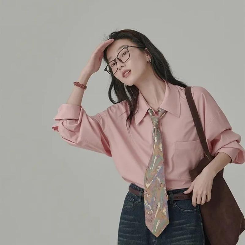 Women s Pink Button Down Shirt Spring Basic Loose Fit Blouse Draped Wrinkle-Resistant Casual Long Sleeve Top S розовый