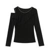 Spring Autumn New Long Sleeved O-neck Sexy Women's Beading Black T-Shirt Elegant Slim Hollow Out Ruffes Tops Tees