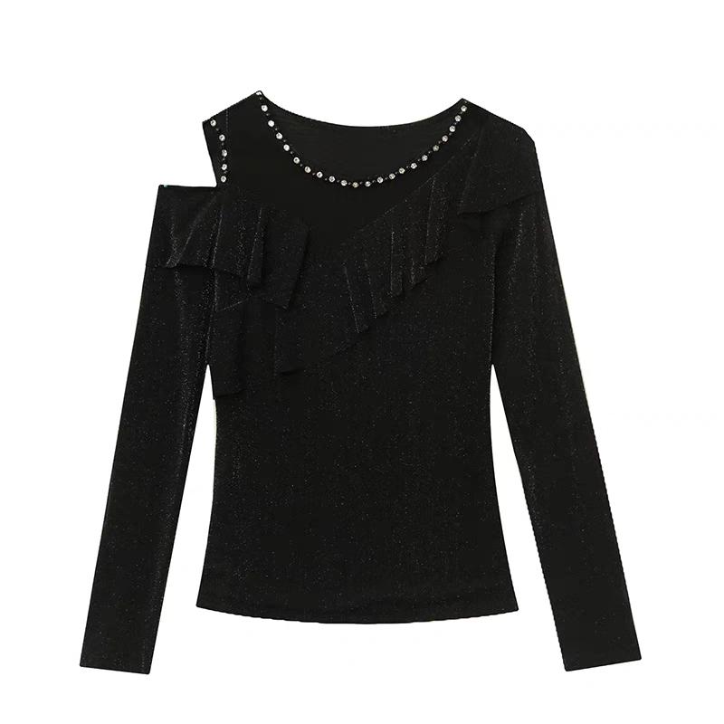 Spring Autumn New Long Sleeved O-neck Sexy Women's Beading Black T-Shirt Elegant Slim Hollow Out Ruffes Tops Tees
