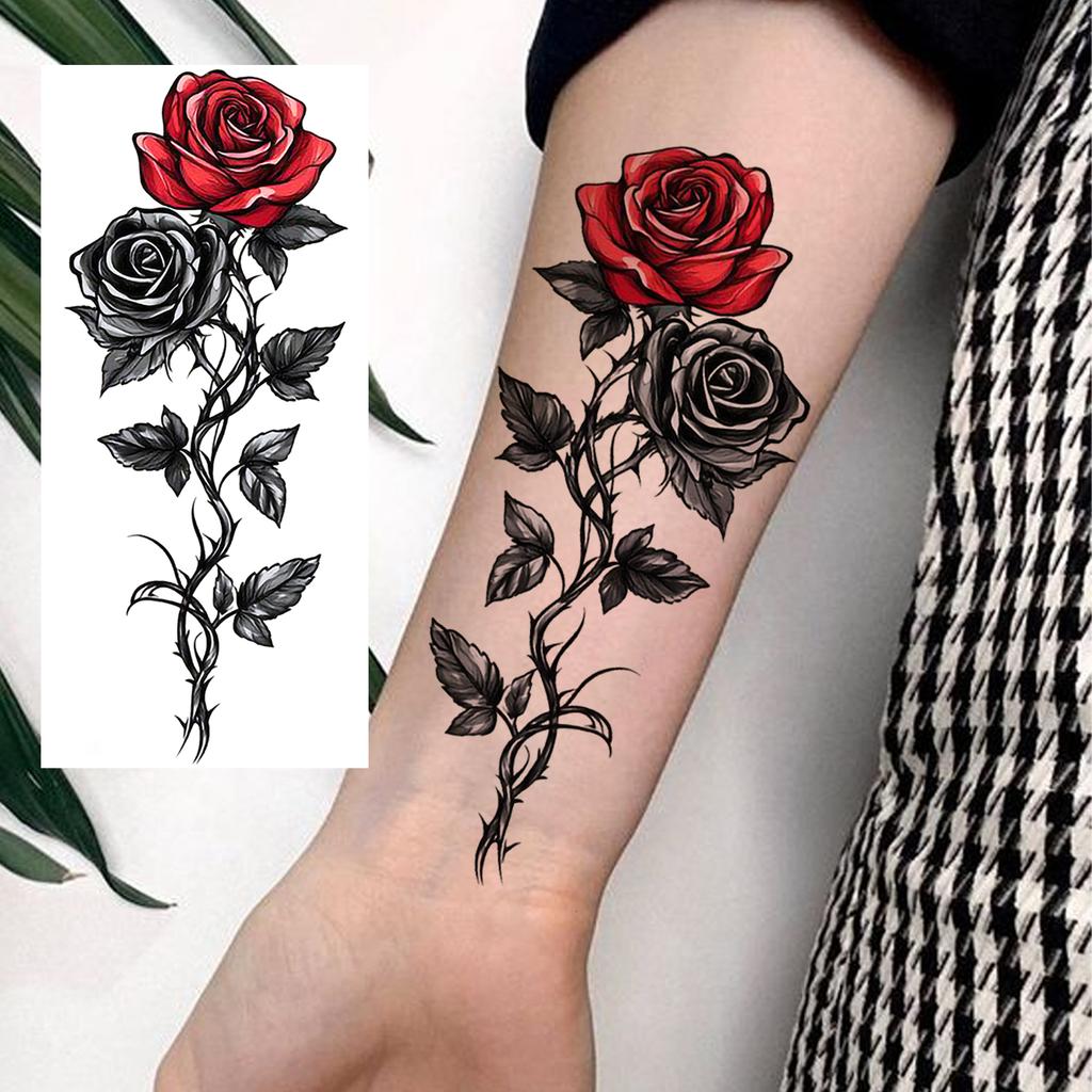 1 Sheet Colorful 3D Rose Flower Butterfly Temporary Tattoos For Women Adults Hand Foot, Waterproof Realistic Fake Tattoo Sticker