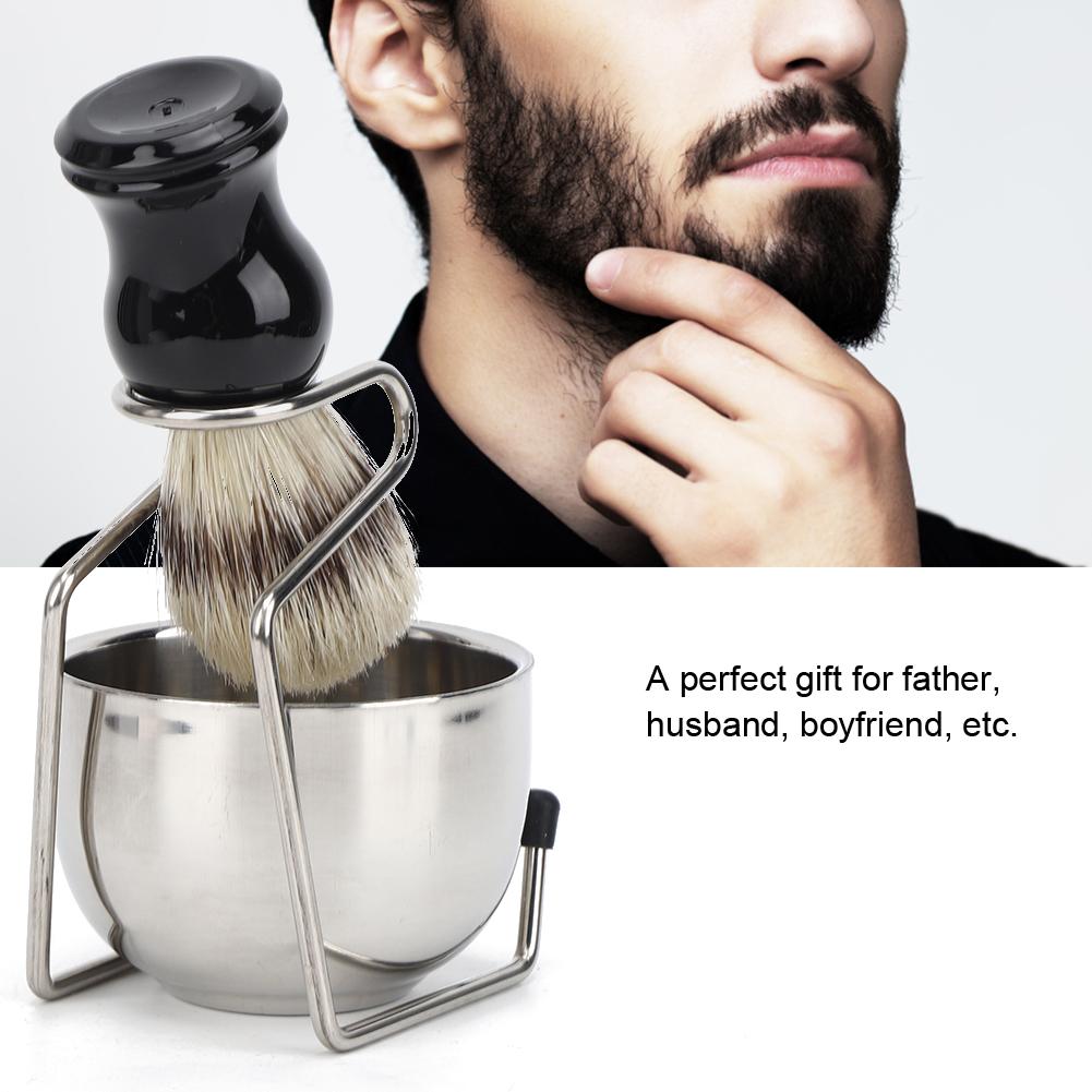 3Pcs Set Shaving Tool Kit Brush with Stainless Steel Bowl Bracket Stand for Men Daily Shaving