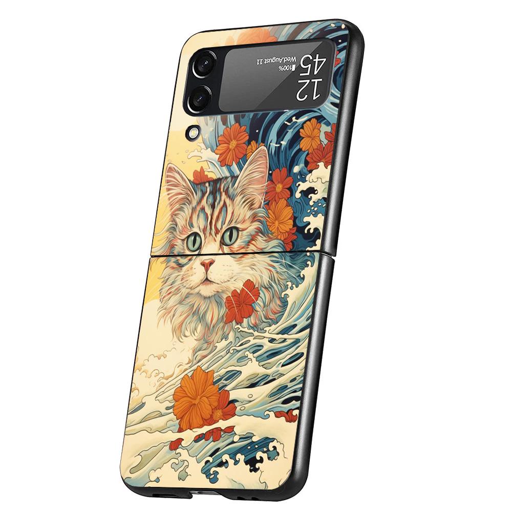 Anime Cat Sea Wave Aesthetic Cover Phone Case For Samsung Galaxy Z Flip 7 6 5 4 3 5G Flip7 Flip6 Flip5 Flip4 Flip3 Black Fundas