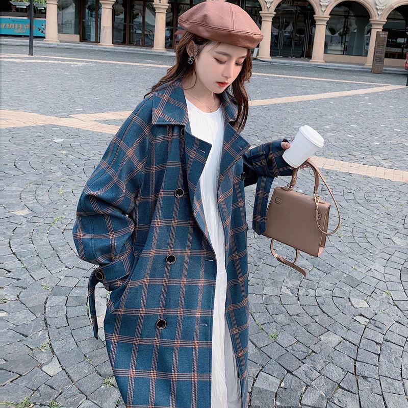 Autumn Winter Women Fashion Long Coats Vintage Plaid Female Loose Windbreaker Casual Street Lady Jackets Outwears