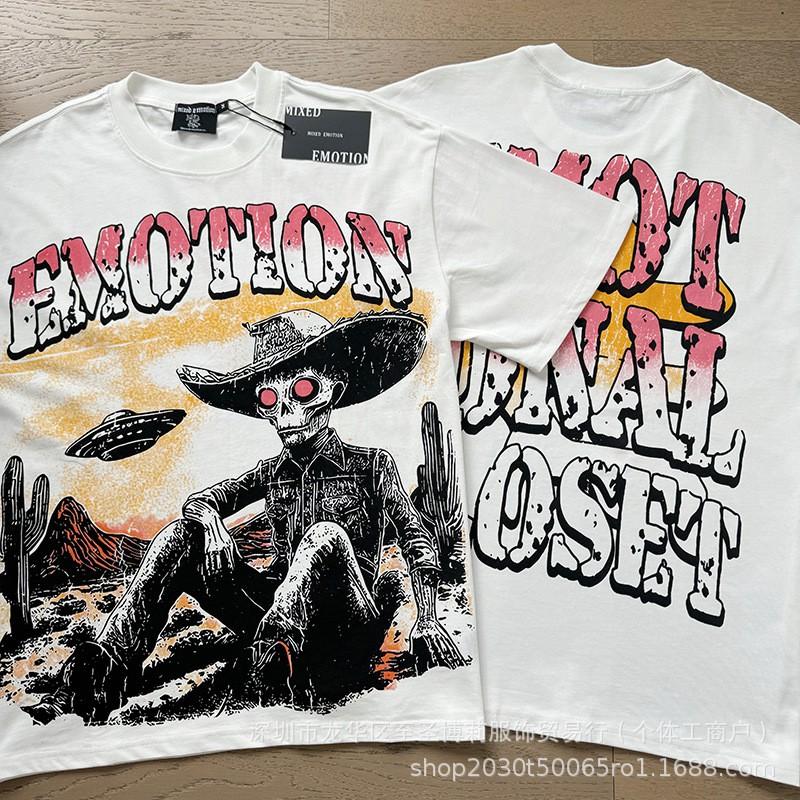 Unisex Vintage American Style Loose Fit Cotton Tee With Embellished Letter Print Round Neck Short Sleeve