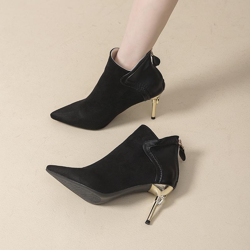 Pointed Short Boots Women's Thin Heels 2025 Autumn and Winter New Temperament High Heel Short Women's Boots Frosted Leather Splicing Bare Boots