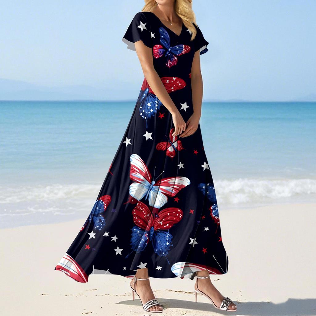 FashWomen's Loose Casual V-Neck Short Sleeved High Waisted Print Dress