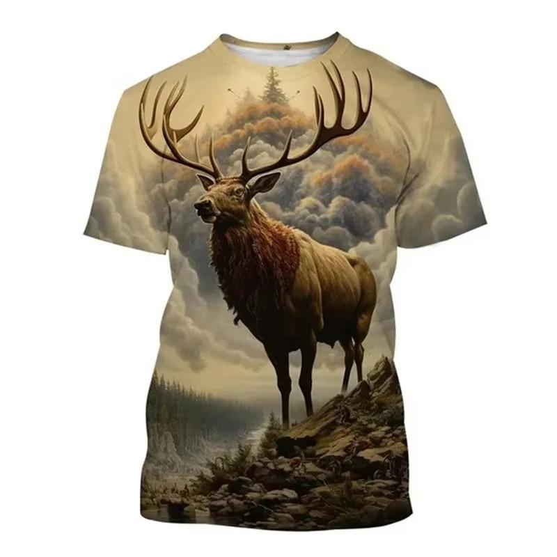Hirsch 3D-Druck T-Shirt Lustige Tierjagd Grafik Kurzarm Rundhals T-Shirt Herren Outdoor Trend Persönlichkeit Tees
