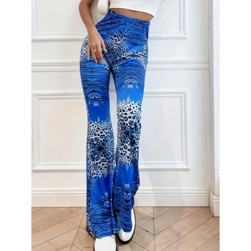 Leopard Print Slim Flare Leg Pants, Casual High Waist Pants, Women's Clothing
