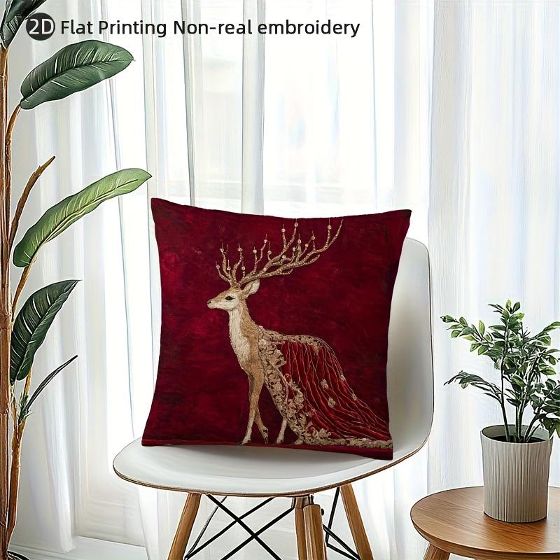 Luxury Red Golden Deer Pillow Cover 2D Faux Embroidery Print Cushion Case Christmas Festive Home Decor Gift