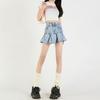 Anti-light lined pleated skirt light blue sexy hot girl small ruffle edge denim short skirt looks tall