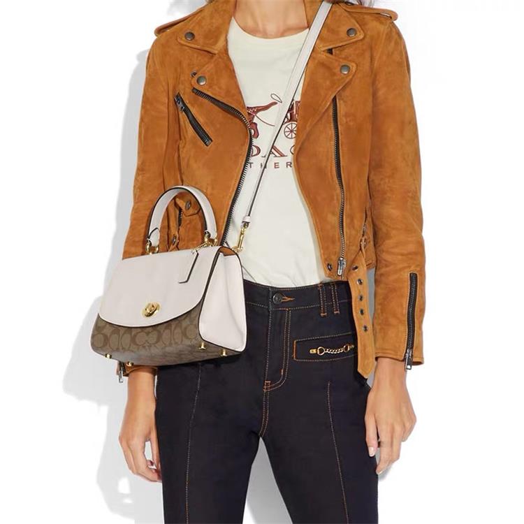 Coach Tilly Monogram Color Block Canvas And Leather Tote Crossbody Shoulder Bag Medium Women bags White Brown 76620-IMDJ8