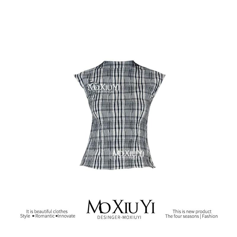 Mo Dotted Elegy Plaid Stand Collar Sleeveless Vest Women s Silm Short Exquisite Pullover Summer L чёрный/бежевый