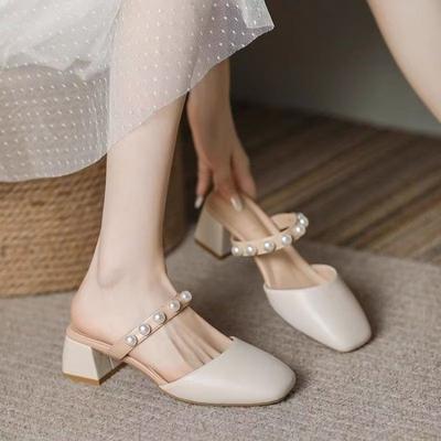 2025 New Bag Head Slippers Women's Breathable Thick Heels Summer Versatile Outer Wear Half Tray Pearl Middle Heel Sandals Women