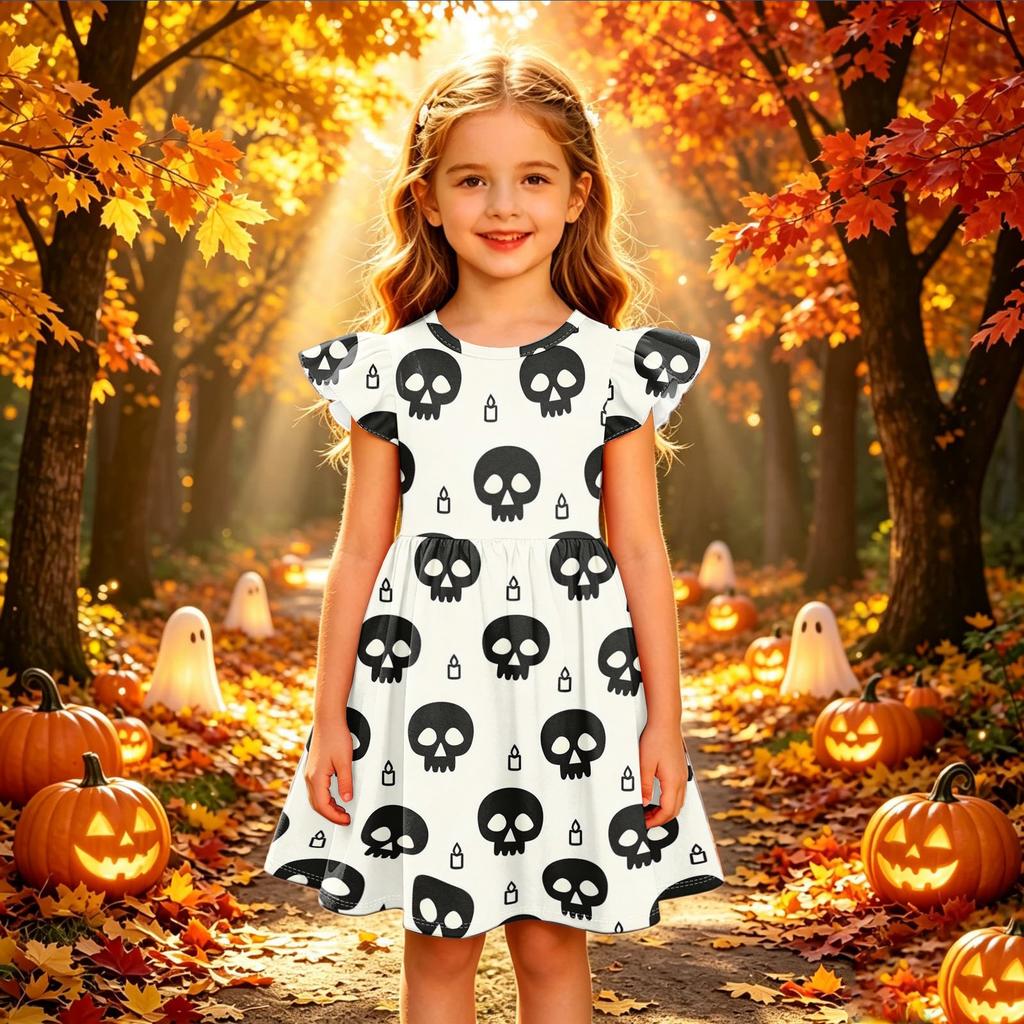 Kids Casual Halloween Printed Sleeve Dress for Party and Holiday