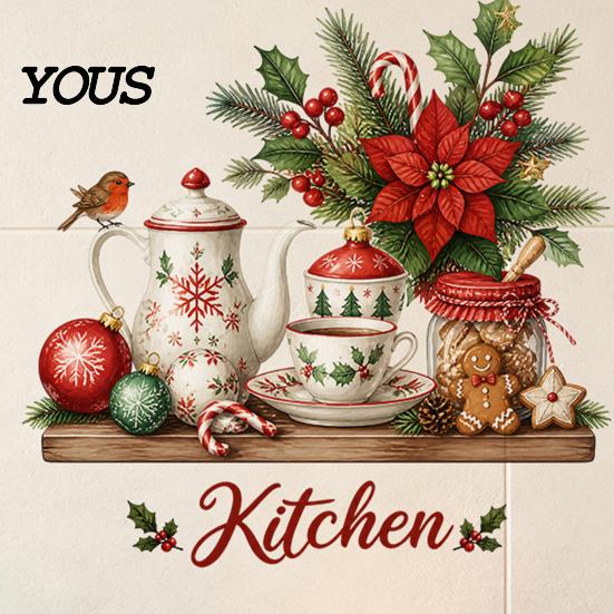 Murale Impermeabile per Zona Fornelli Stoviglie di Natale Adesivi Utensili, Teiera Tazza Palline Fiori Decalcomania, Decorazione Festiva Retro Rimovibile Peel