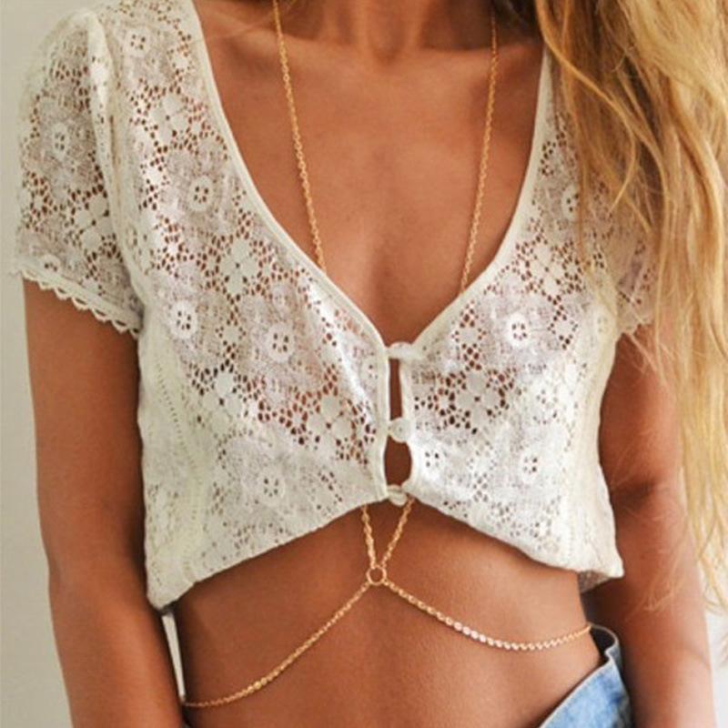 Simple Pearl Cross Chest Bra Belly Body Chain For Women Sexy Boho Bikini Beach Waist Chain Body Jewelry Wedding Accessories Y027
