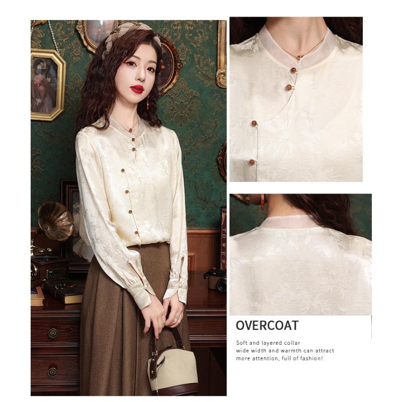 Plate Button Shirt Women's Spring and Autumn Retro Tang Dynasty Oblique Placket Long-sleeved Blouse