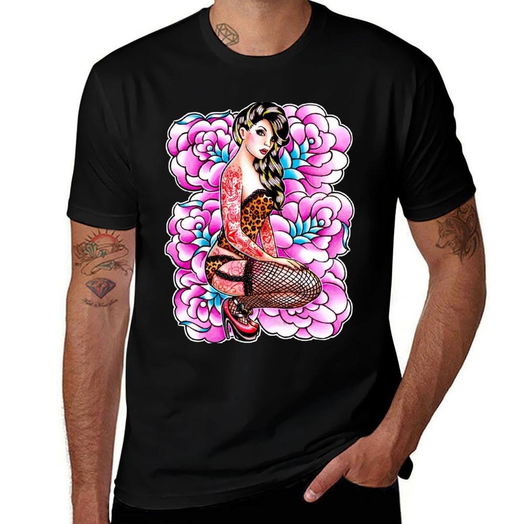 Tattooed Pin Up Girl With Roses Tshirt Soft Durable Cotton Tshirt