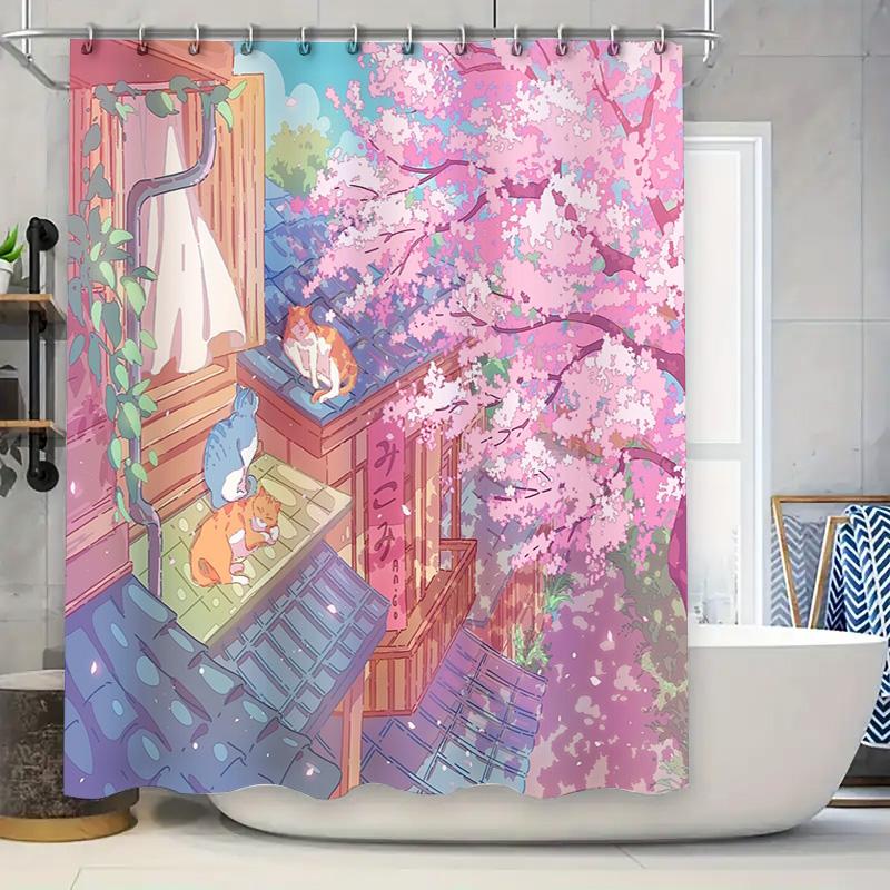 unframed Anime Cat Shower Curtain Japanese Cherry Blossom Decor Washroom Backdrop Cute Pet Themed Home Bathroom Art 90x180cm